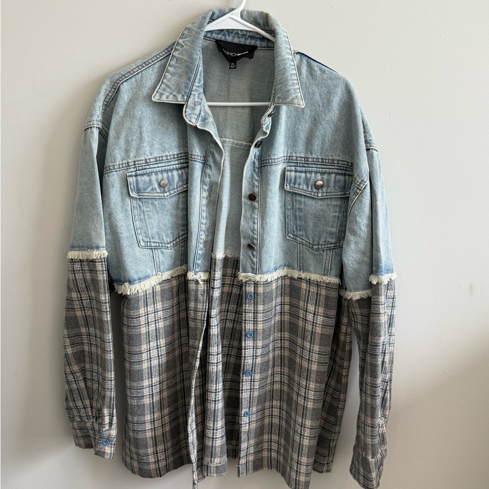 Fashion Nova Blue and Gray Jean Jacket with Distressed Denim